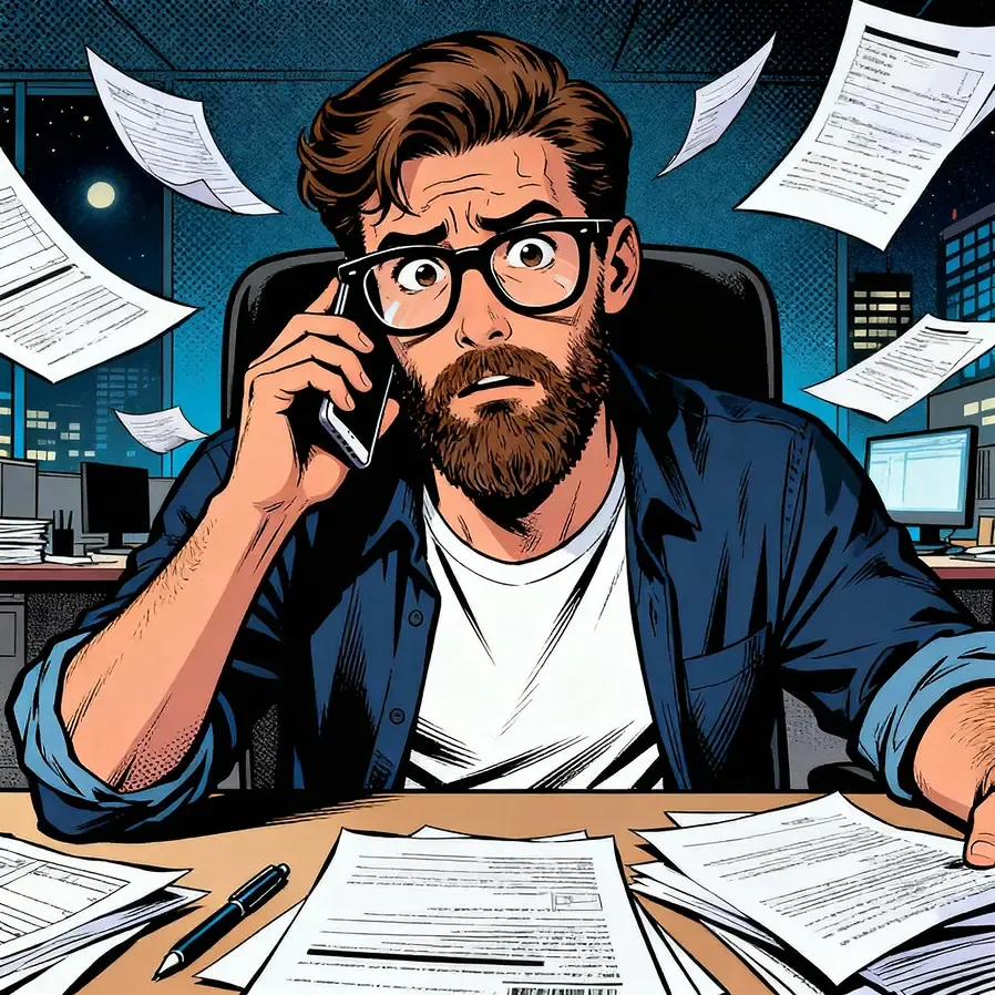 Business owner overwhelmed by paperwork and calls